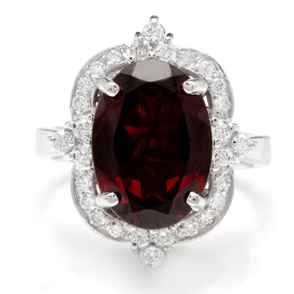 7.55 Ct Red Garnet & Natural Diamond Gold Ring